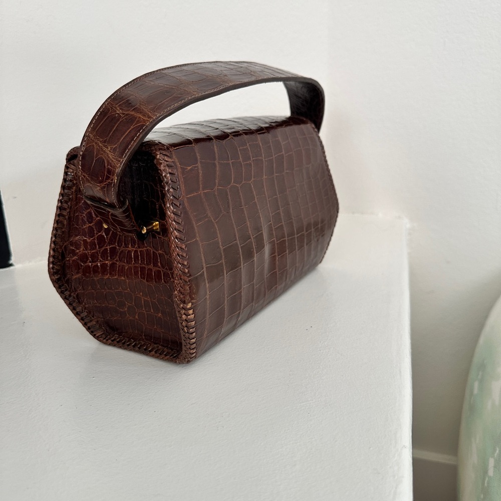 Vintage 🤎 Croc-Embossed Brown Leather Top-Handle Bag - Picture 6 of 10